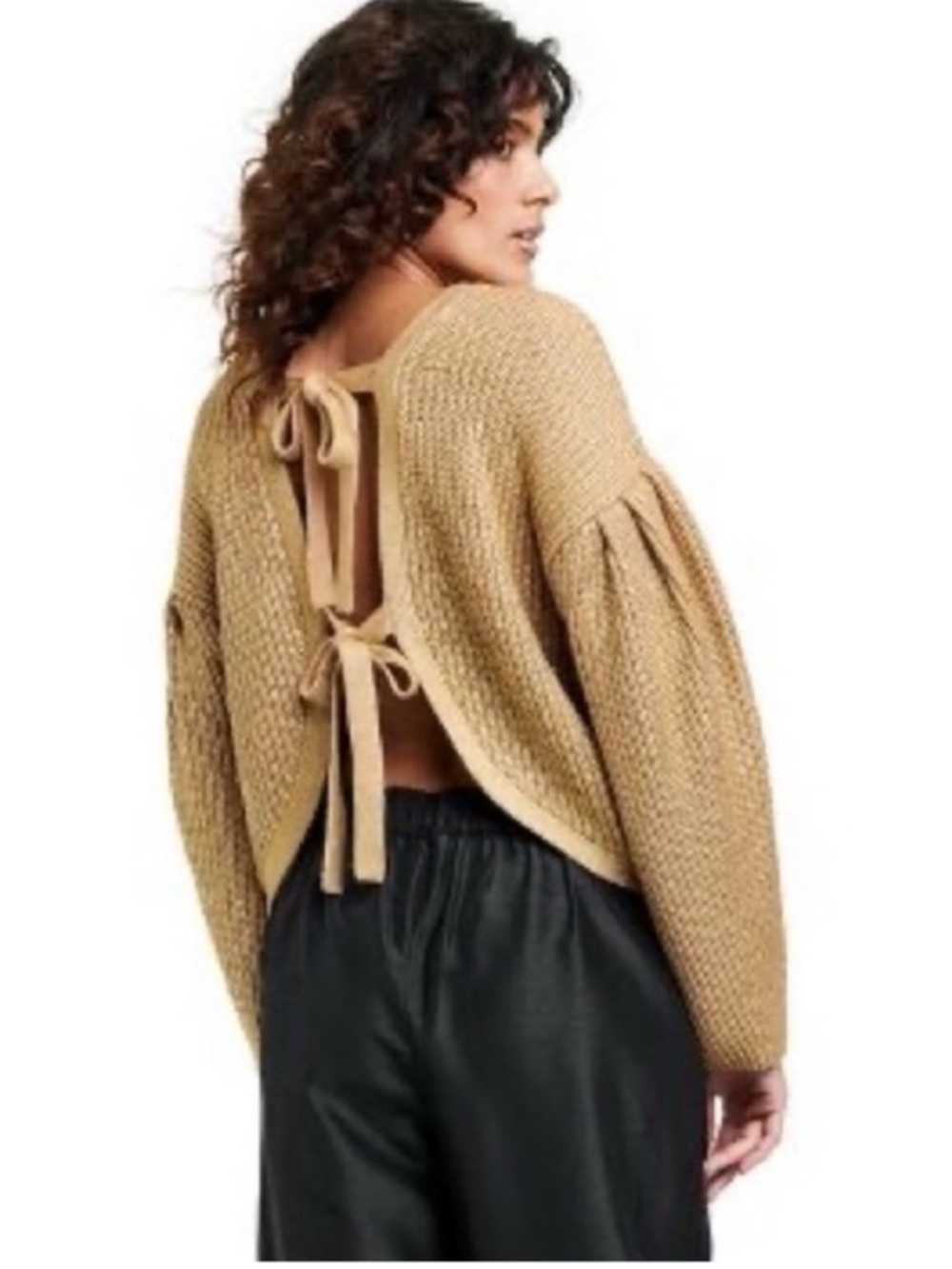 Kika Vargas Gold Coated Shimmer Open-Back Tie-Back Knit Sweater